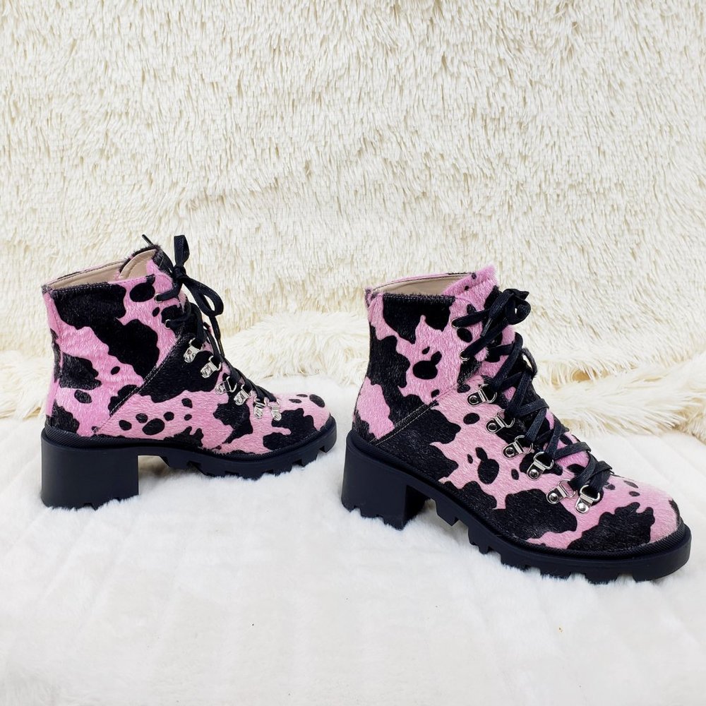 Baby Pink Faux Fur Cow Print Lug Sole Emo Ankle boots - Picture 11 of 14